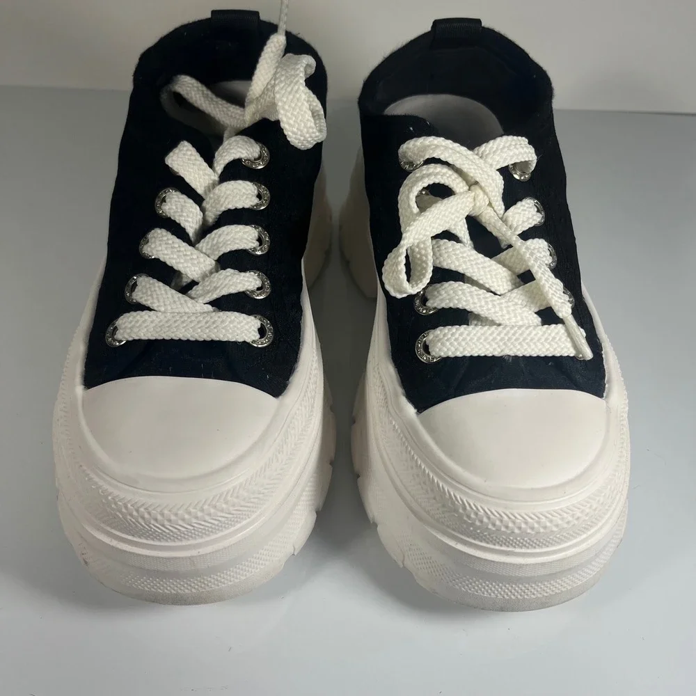 Womens Black White Platform Sneakers Chunky Sole Lace Up‎ Fashion Shoes